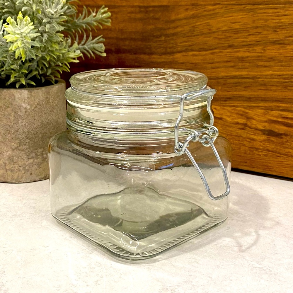 Medium-Sized Glass Apothecary Jar / Canister with Wire Bail and Plastic Seal